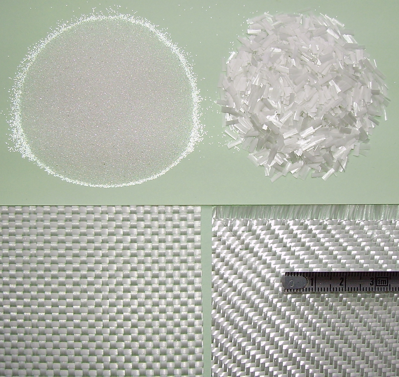 Стеклянные шарики, крошка и тканое стекловолокно — основа стеклопластиков // Wikipedia Commons